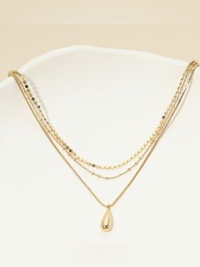 18K Gold Dipped Teardrop Charm Accent Mixed Chain Layered Necklace